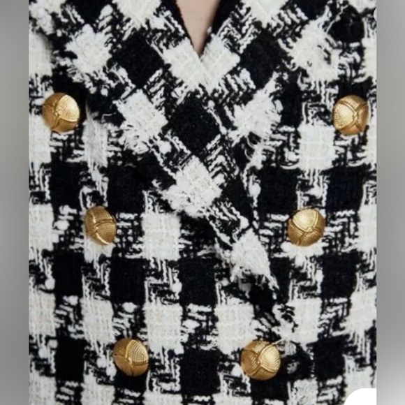 NWT Luxury Minimalist Zara Houndstooth Tweed Fringe Double Breasted Coat - Picture 11 of 17